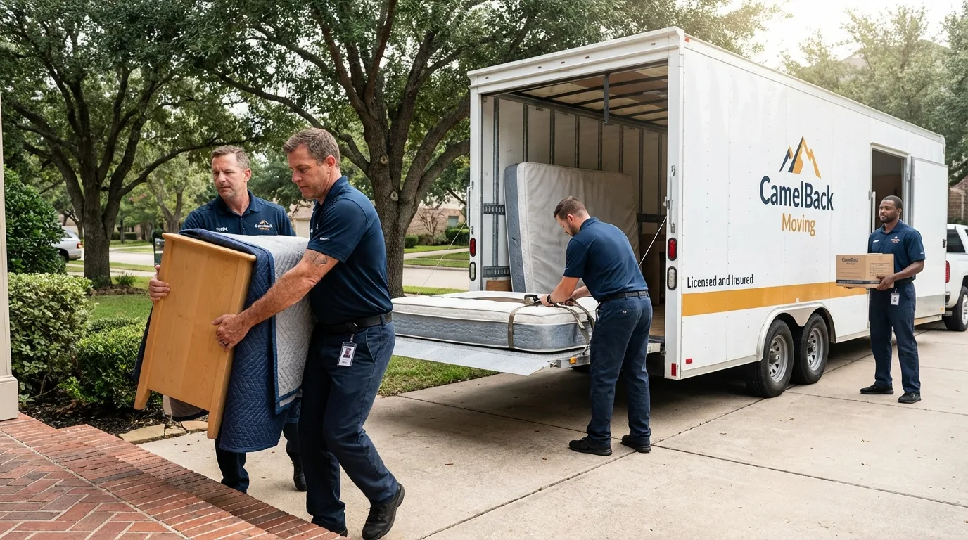 Crew loading residential truck for cross-state move from Belcourt, ND