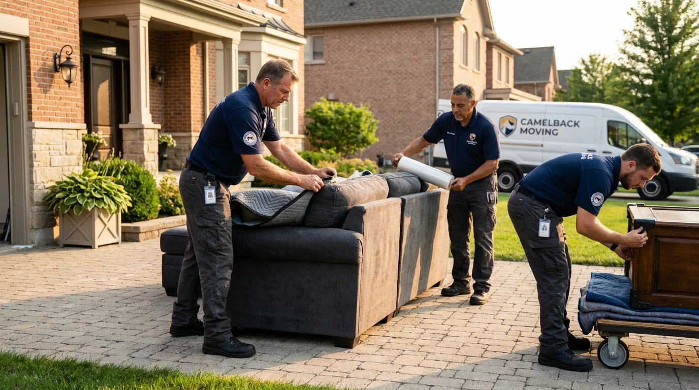 Large estate moving crew wrapping furniture in Belcourt, ND