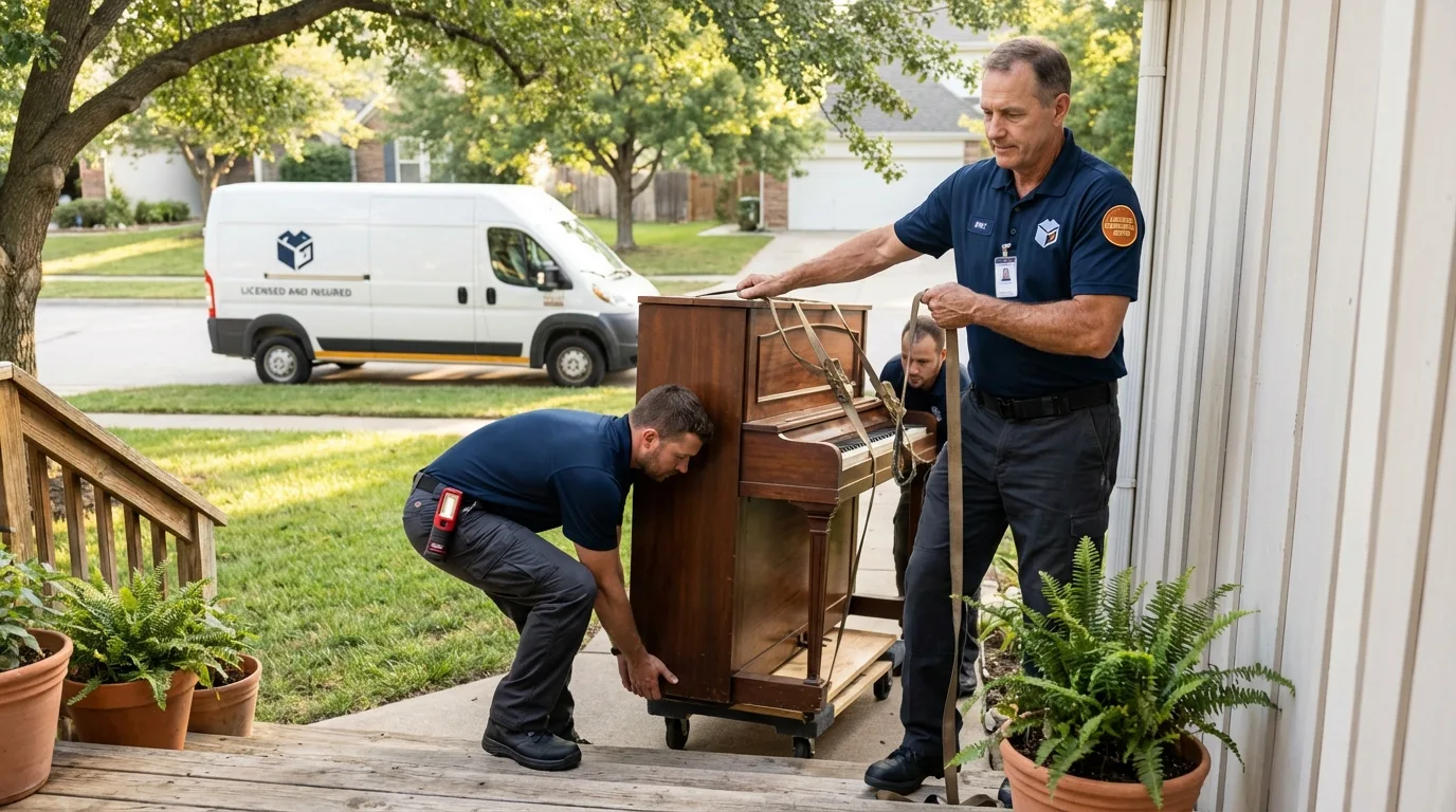 Licensed piano movers securing grand piano in Belcourt, ND