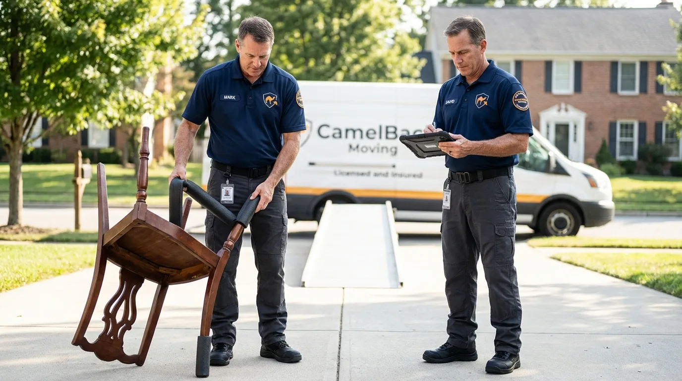 Movers inspecting furniture for damage prevention before loading in Belcourt, ND