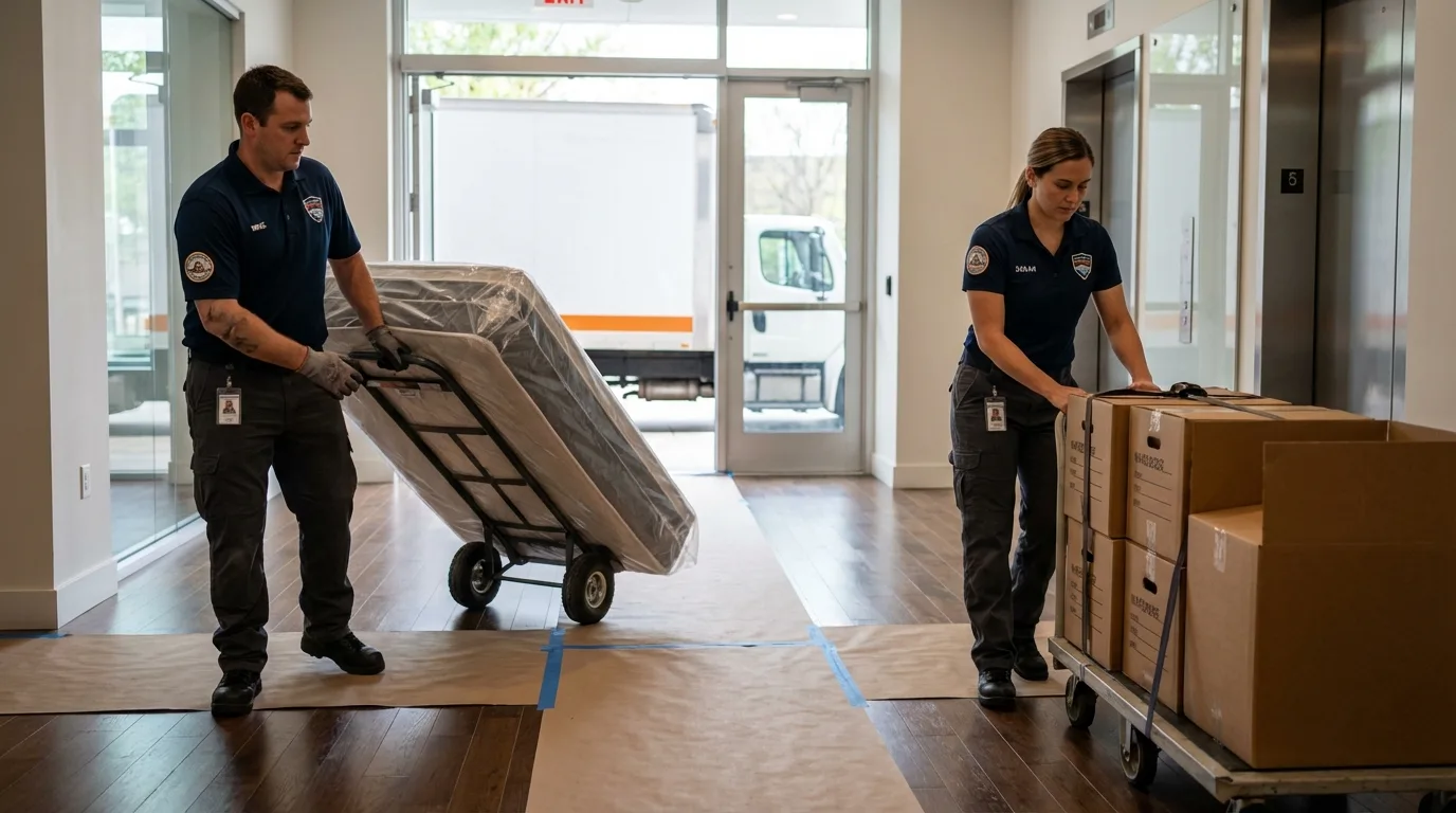 Professional apartment movers loading elevator in Belcourt, ND