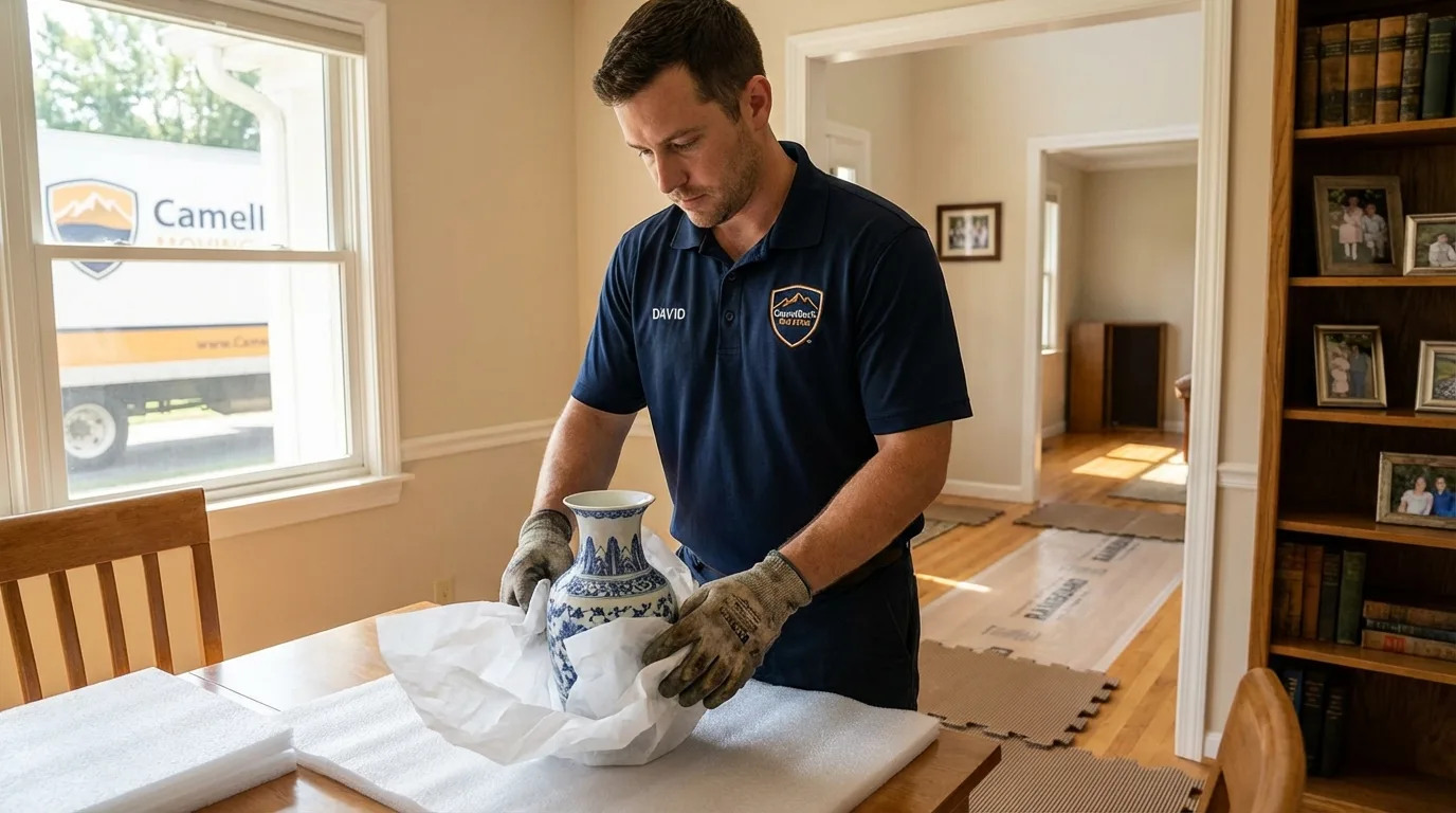 Professional crew carefully wrapping antique vase for senior downsizing move in Belcourt, ND