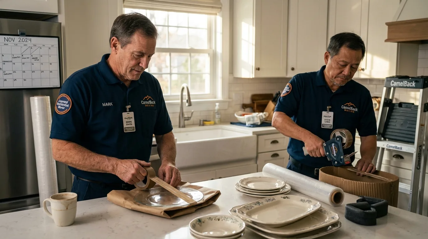 Professional crew packing kitchen dishware in Belcourt, ND